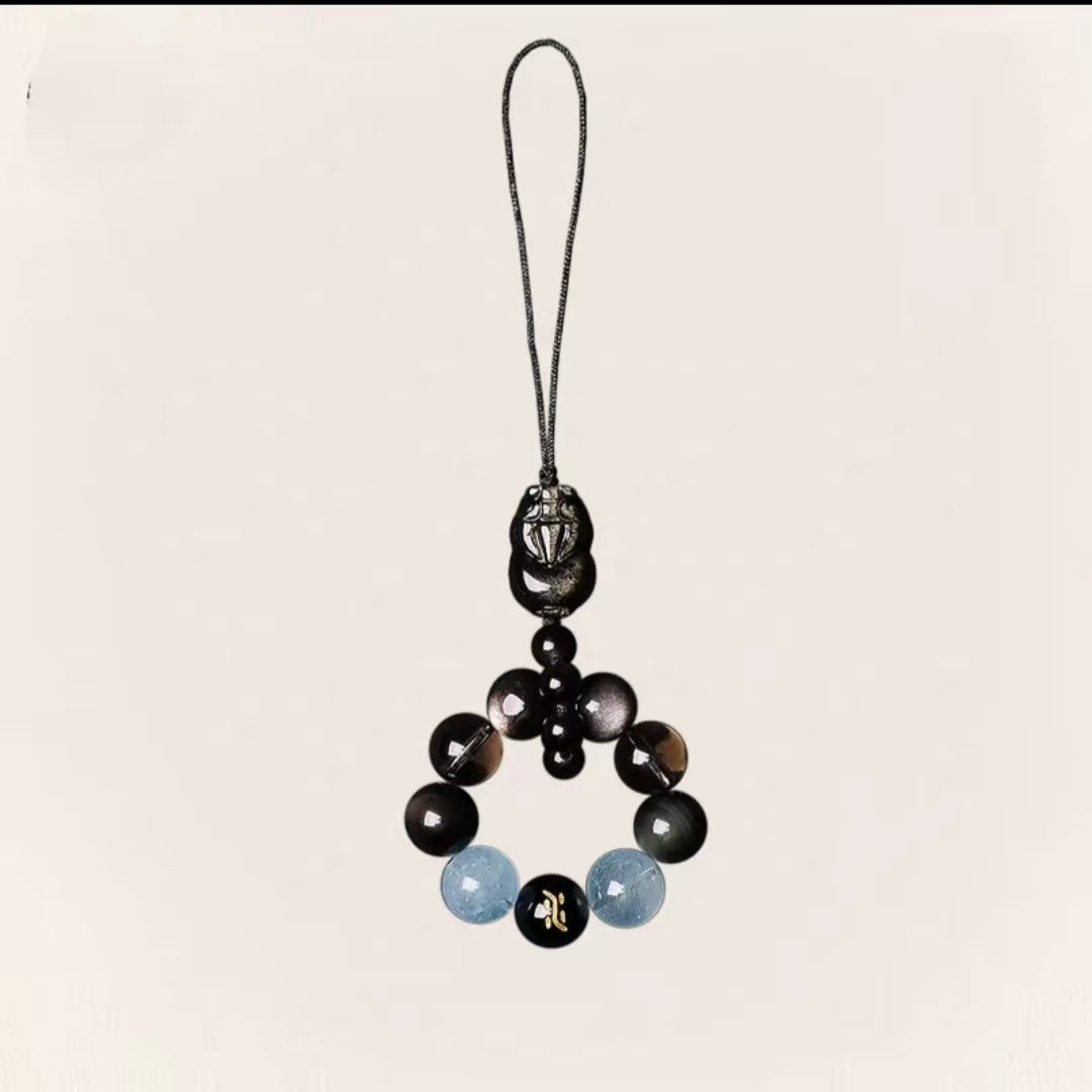 Natural Obsidian & Aquamarine Tea Crystal Keychain | Energy Protection & Calm Focus Charm