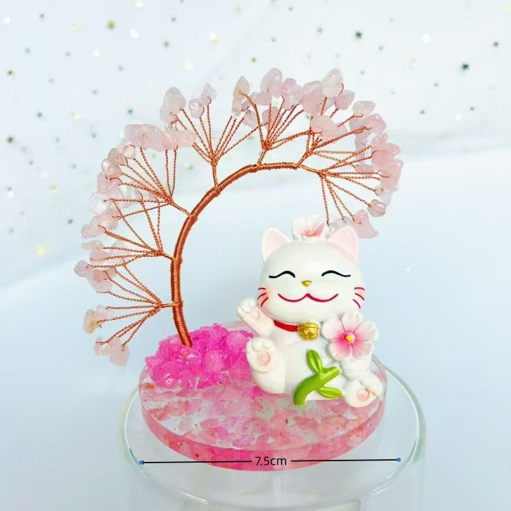 Rose Quartz Money Tree with Lucky Cat – Prosperity & Love Charm