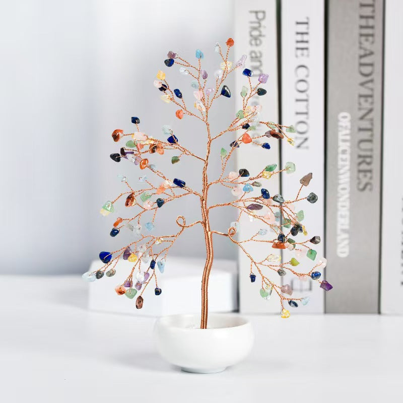 Mini Natural Crystal Tree with White Ceramic Pot – Handmade Gemstone Ornament for Home & Office
