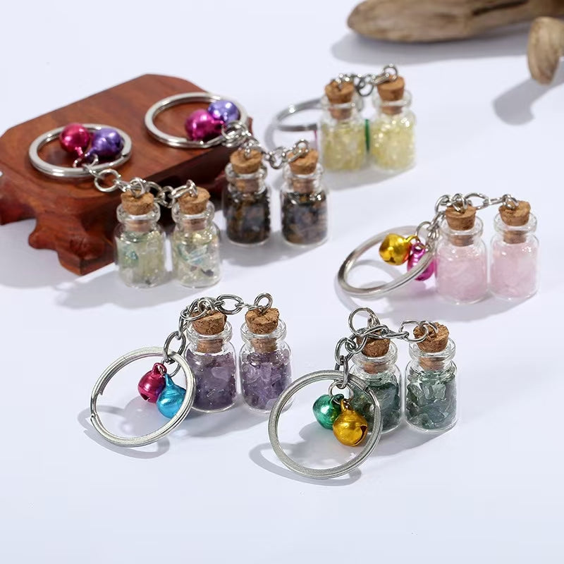 Crystal Healing Bottle Keychain with Bells – Natural Fluorite Chips in Glass Jar