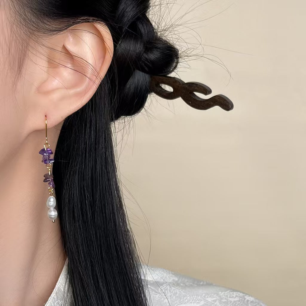 Amethyst & Pearl Healing Dangle Earrings – Handcrafted Crystal Energy Jewelry