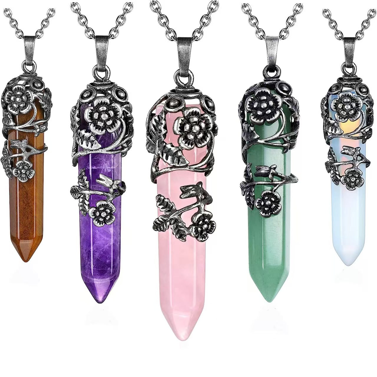 Five crystal pendant necklaces with floral designs on a white background