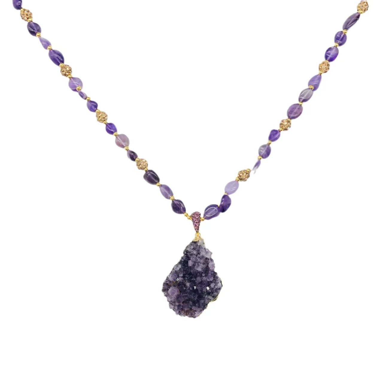 Necklace with purple gemstone pendant on a white background
