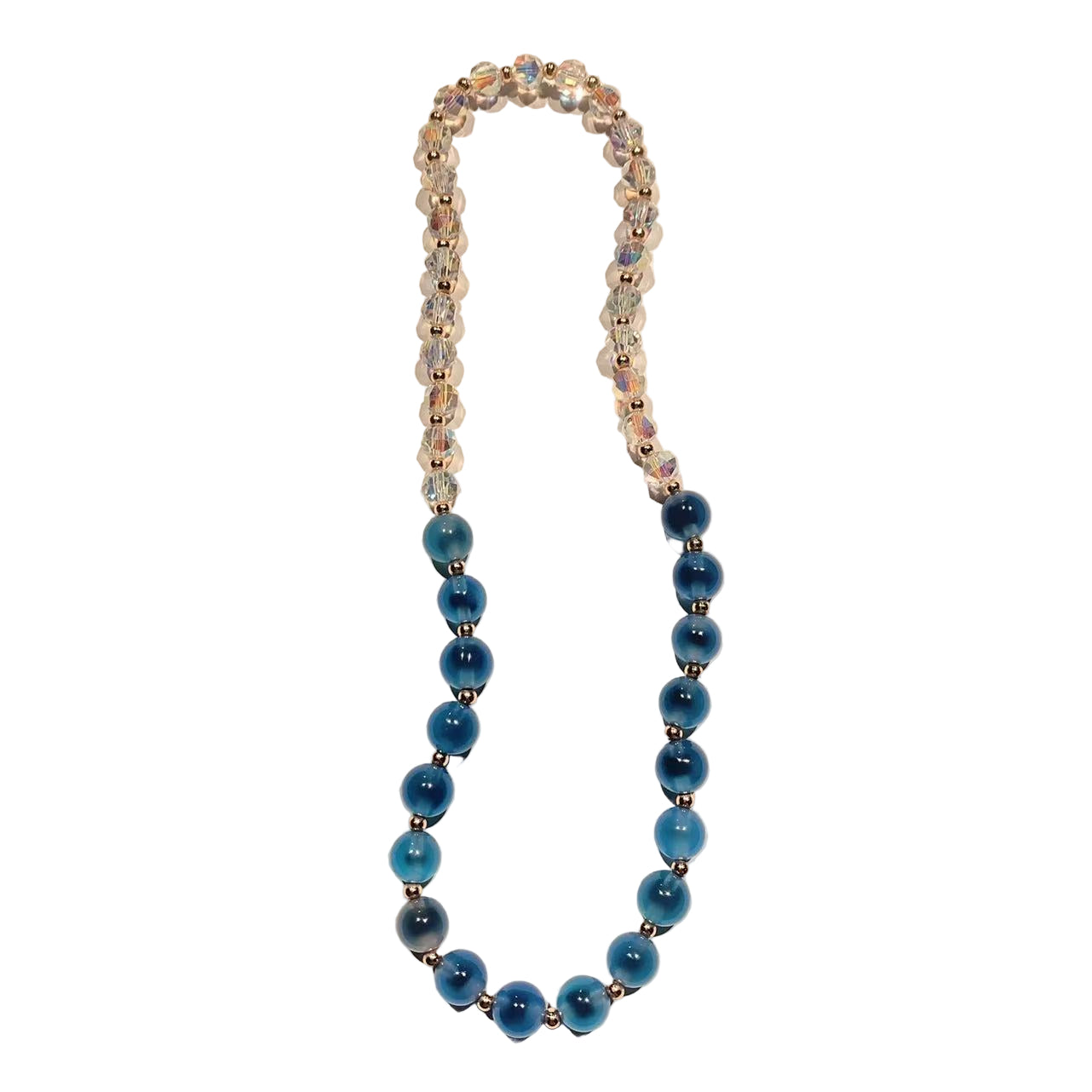 Necklace with blue beads on a white background