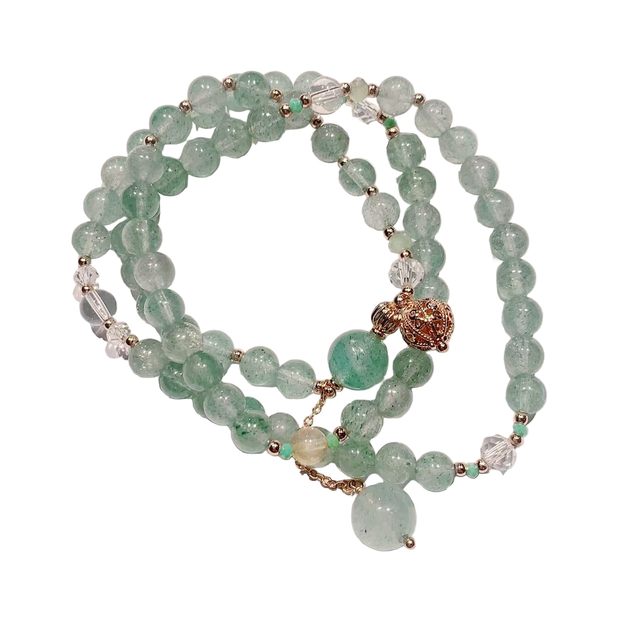 Green beaded bracelet with gold accents on a white background