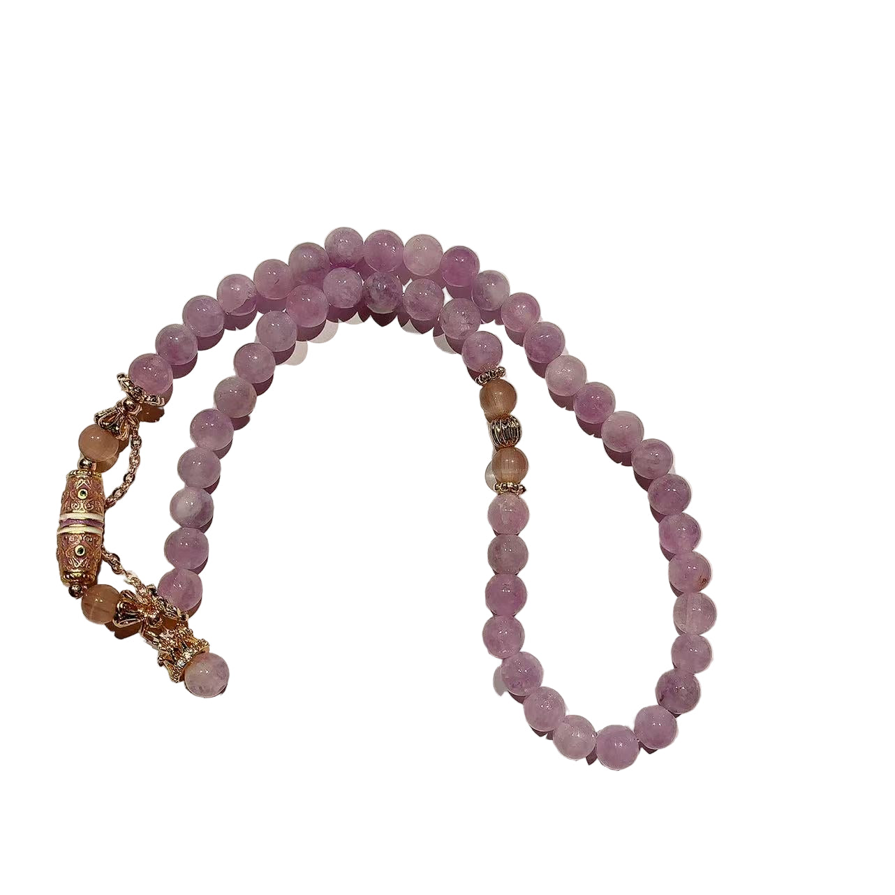 Purple beaded necklace with a gold clasp on a white surface