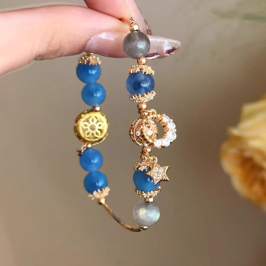 Natural Gray Moonstone & Blue Crystal Bracelet