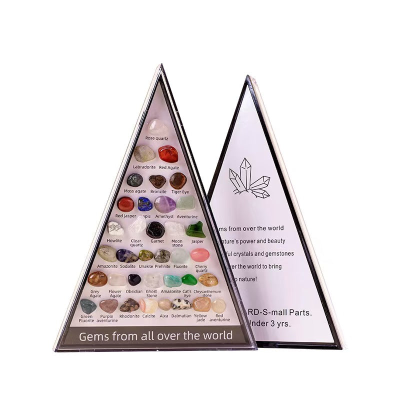 36 Natural Crystal Gemstones Pyramid Display Box – Healing Stone Educational Gift Set