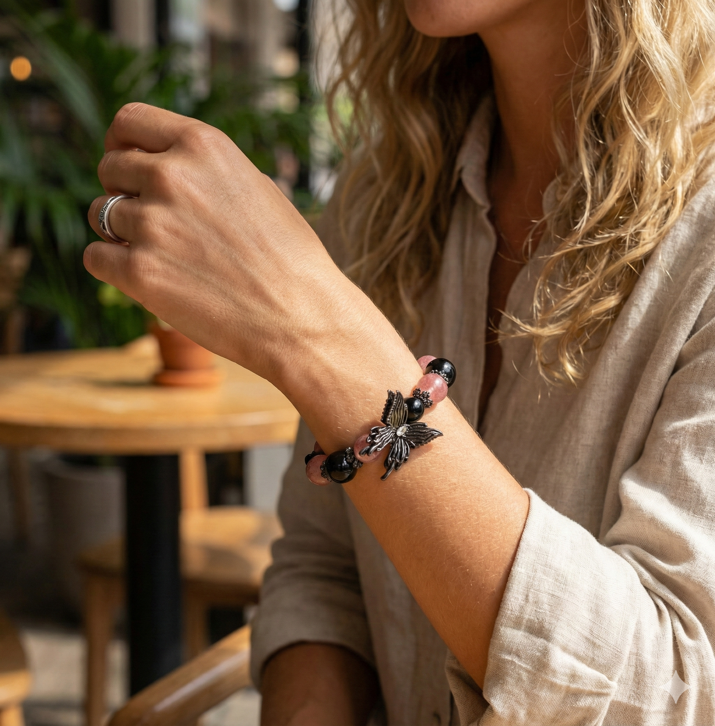 Strawberry Quartz & Silver Obsidian Crystal Black Butterfly Bracelet