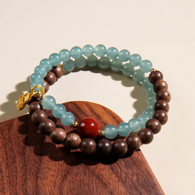 Natural Agarwood & Icy Blue Jadeite Bracelet - Double Wrap Gemstone Beads with Southern Red Agate - Zen Luxury Jewelry for Women
