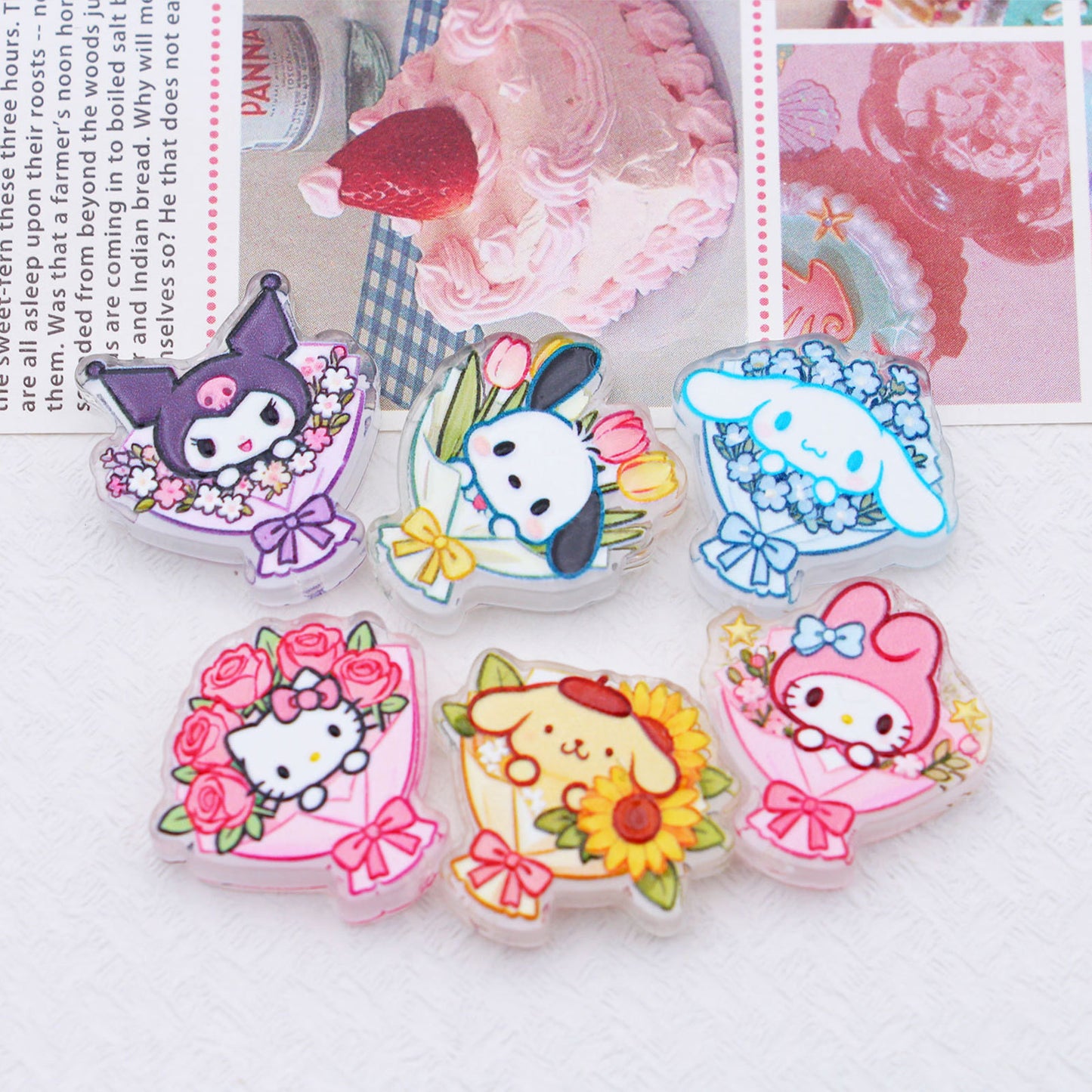 Premium Acrylic Embossed Bouquet Charms – Sanrio-Inspired Beads with Hole for DIY Pens, Phone Charms & Jewelry Making (10pcs)