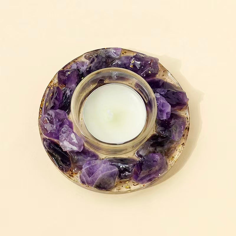 Natural Amethyst Crystal Candle Holder | Chakra Resin Tealight Base