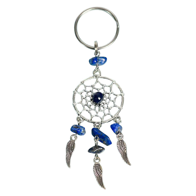 Silver keychain with a dreamcatcher design and blue beads on a light blue background
