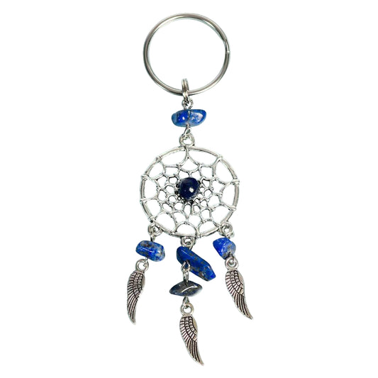 Silver keychain with a dreamcatcher design and blue beads on a light blue background