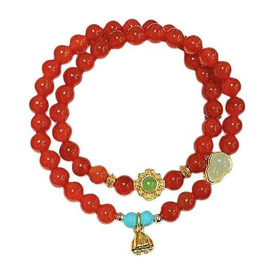 Red Agate Prosperity Double-Layer Bracelet with Gourd Charm