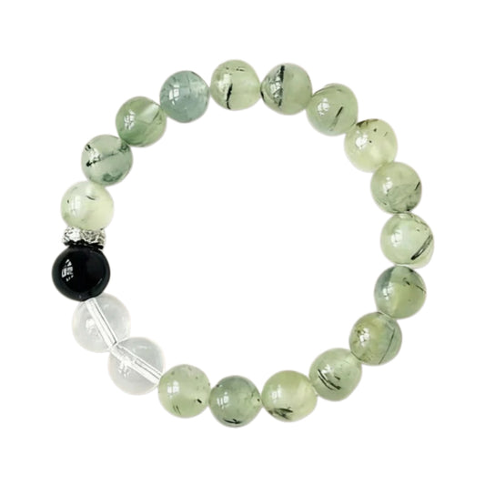 Green Phantom Quartz, Clear Quartz  Obsidian Bracelet