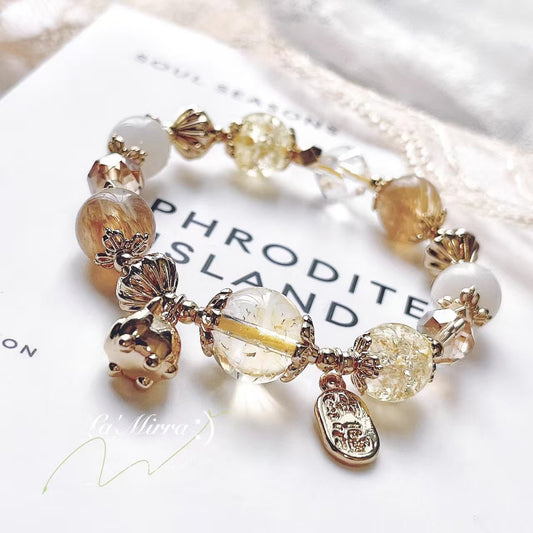Golden Earth Crystal Bracelet — Citrine, Rutilated Quartz & White Chalcedony