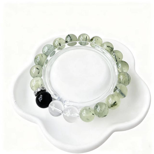 Grounded Clarity: Green Phantom Quartz, Clear Quartz &amp; Obsidian Bracelet