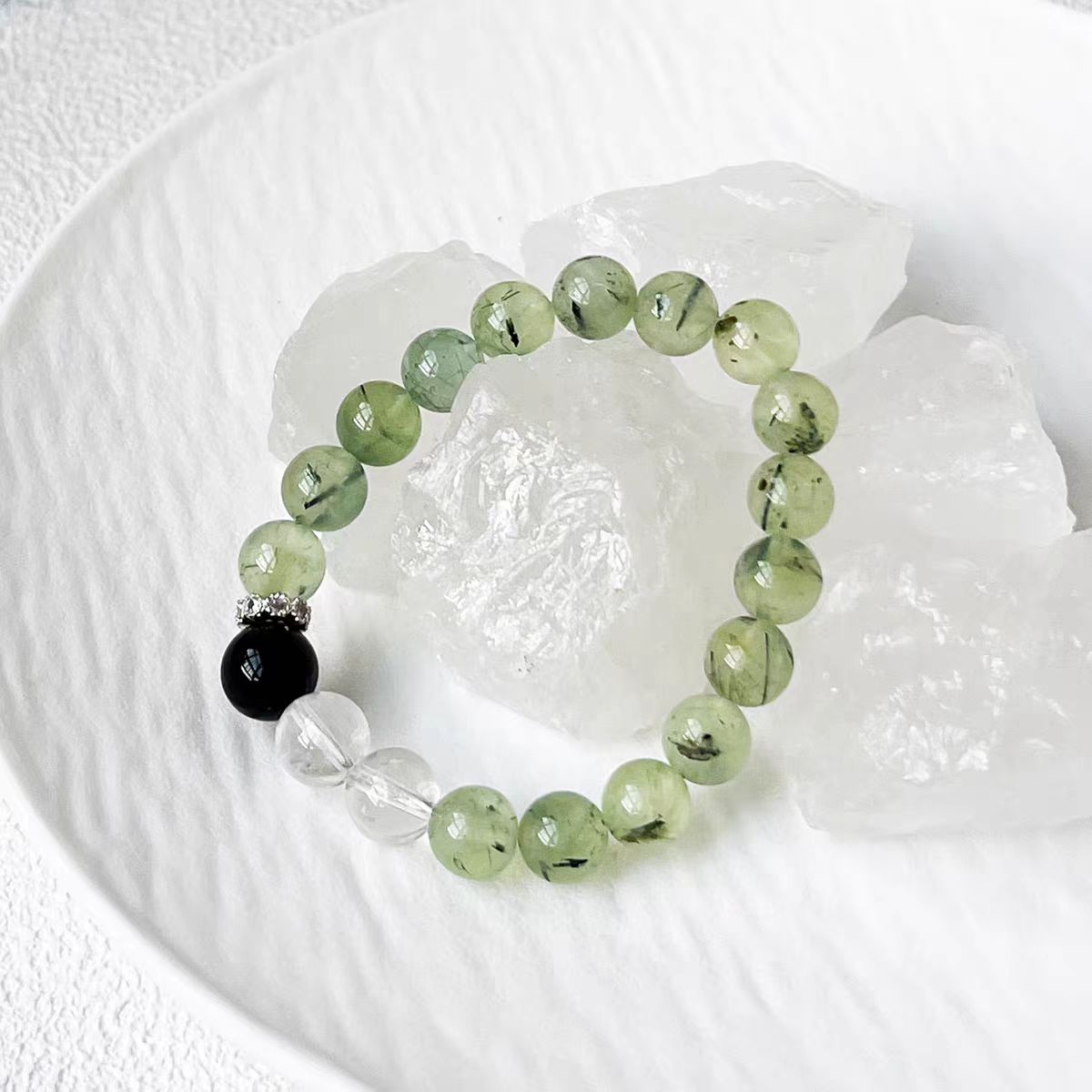Grounded Clarity: Green Phantom Quartz, Clear Quartz &amp; Obsidian Bracelet