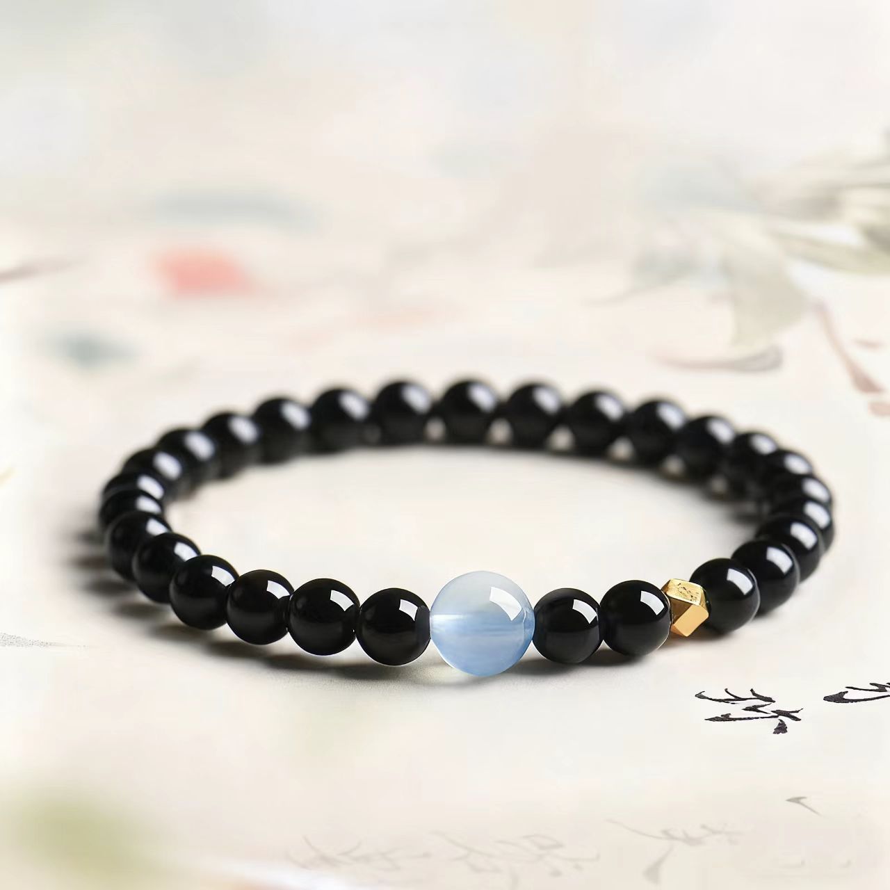 Black Obsidian Protection Bracelet with Blue Moonstone Bead – Grounding & Emotional Balance