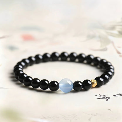 Black Obsidian Protection Bracelet with Blue Moonstone Bead – Grounding & Emotional Balance