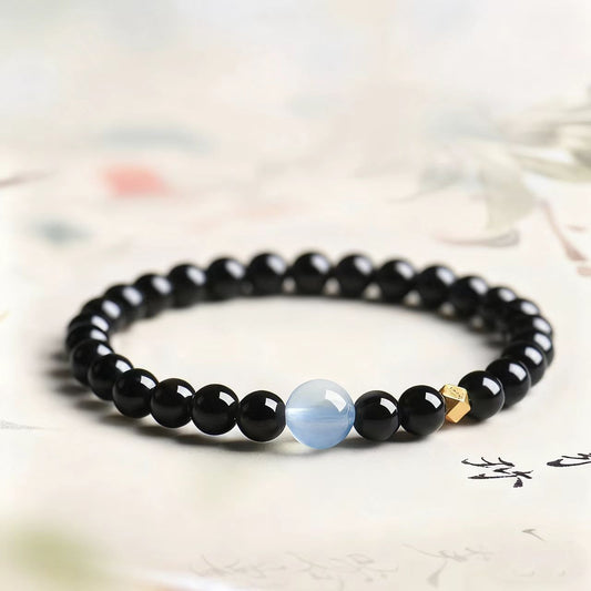 Black Obsidian Protection Bracelet with Blue Moonstone Bead – Grounding & Emotional Balance