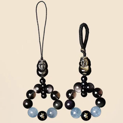 Natural Obsidian & Aquamarine Tea Crystal Keychain | Energy Protection & Calm Focus Charm