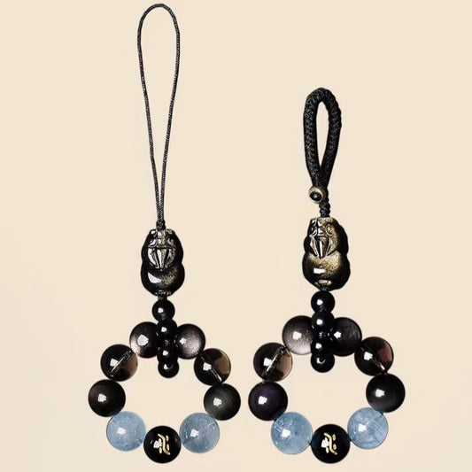 Natural Obsidian & Aquamarine Tea Crystal Keychain | Energy Protection & Calm Focus Charm