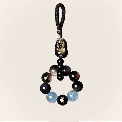 Natural Obsidian & Aquamarine Tea Crystal Keychain | Energy Protection & Calm Focus Charm