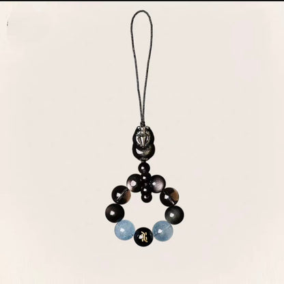 Natural Obsidian & Aquamarine Tea Crystal Keychain | Energy Protection & Calm Focus Charm