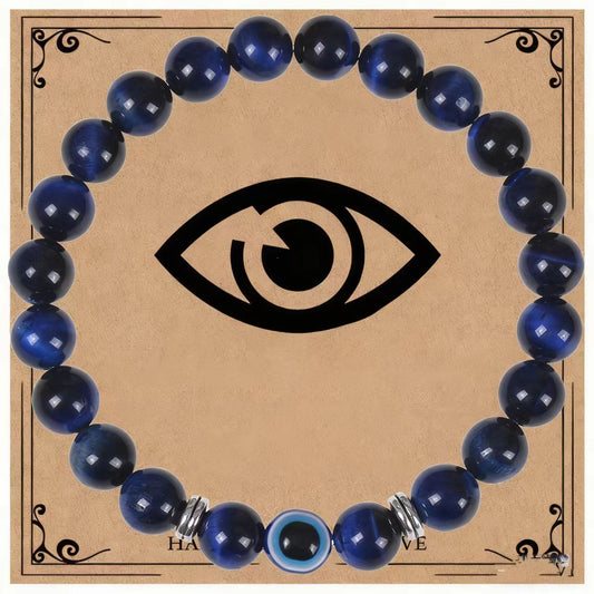 Healing Crystal Bracelet with Blue Tiger Eye and Evil Eye Bead for Protection and Intuition