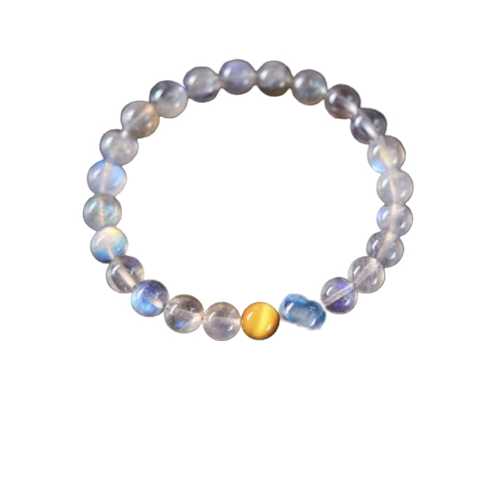 Beaded bracelet with multicolored beads on a white background