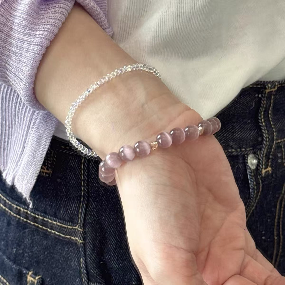 Rose Mauve Cat's Eye Crystal Bracelet – Emotional Harmony & Inner Light
