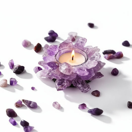 Amethyst crystal candle holder with a lit candle on a white surface with scattered amethyst stones.