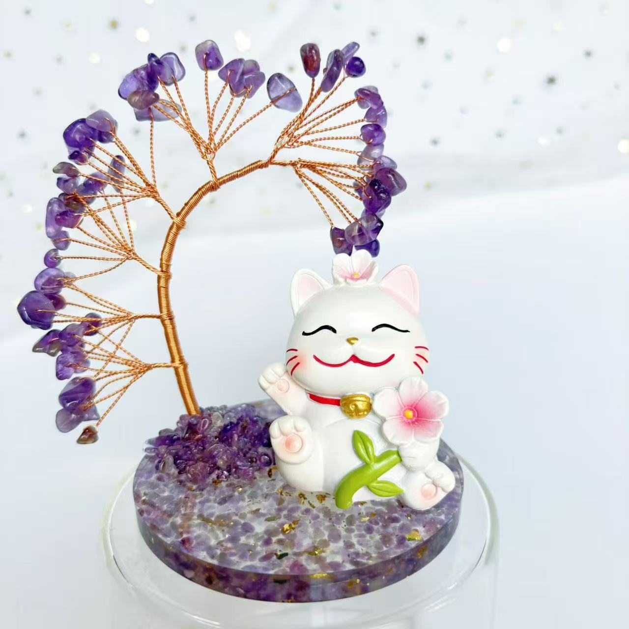 Rose Quartz Money Tree with Lucky Cat – Prosperity & Love Charm