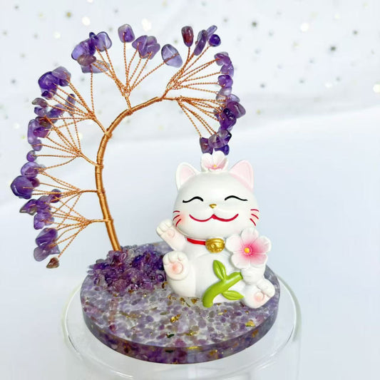 Rose Quartz Money Tree with Lucky Cat – Prosperity & Love Charm