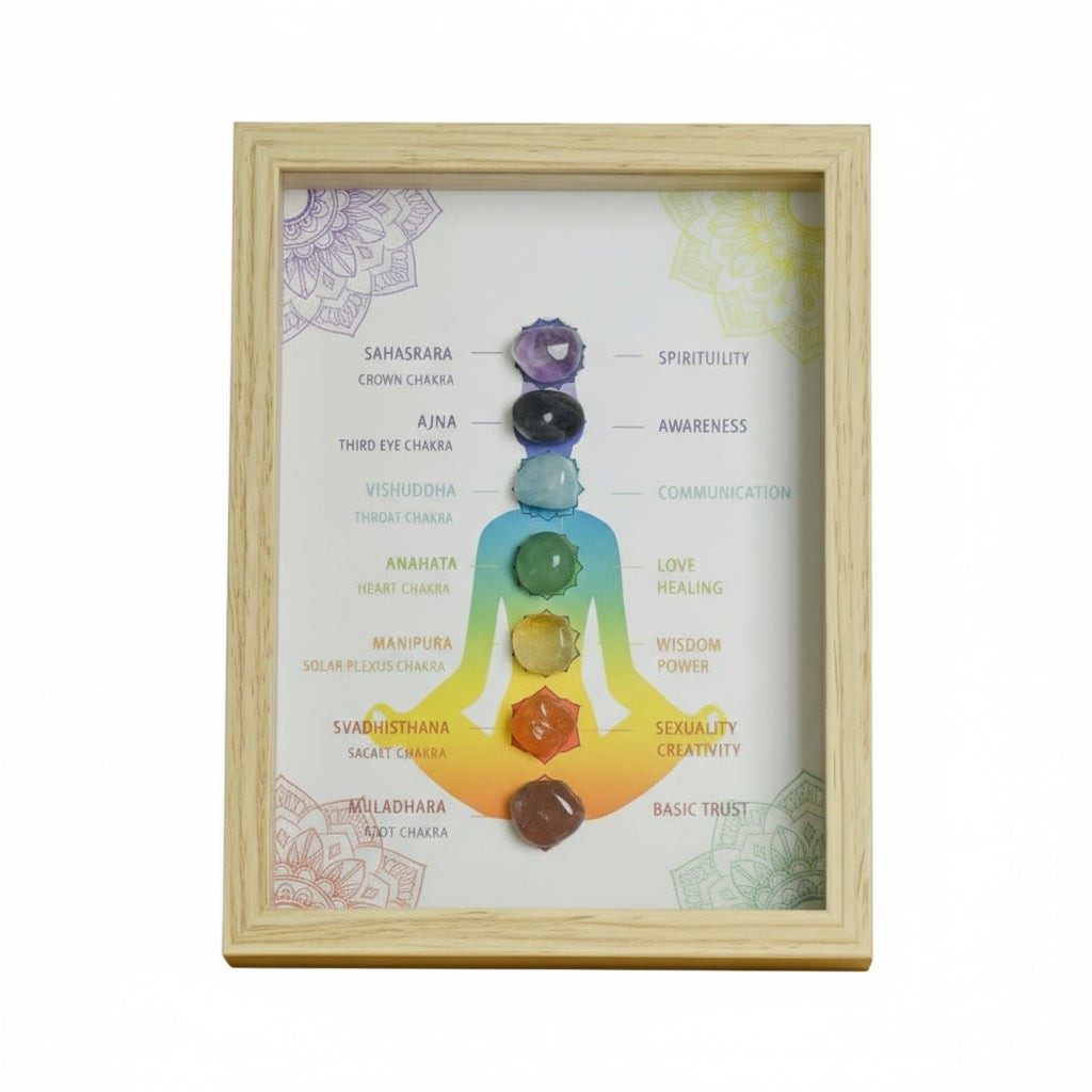 Framed diagram of chakras with colorful stones 