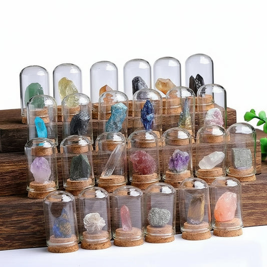 Collection of various crystals in glass domes on a wooden stand.