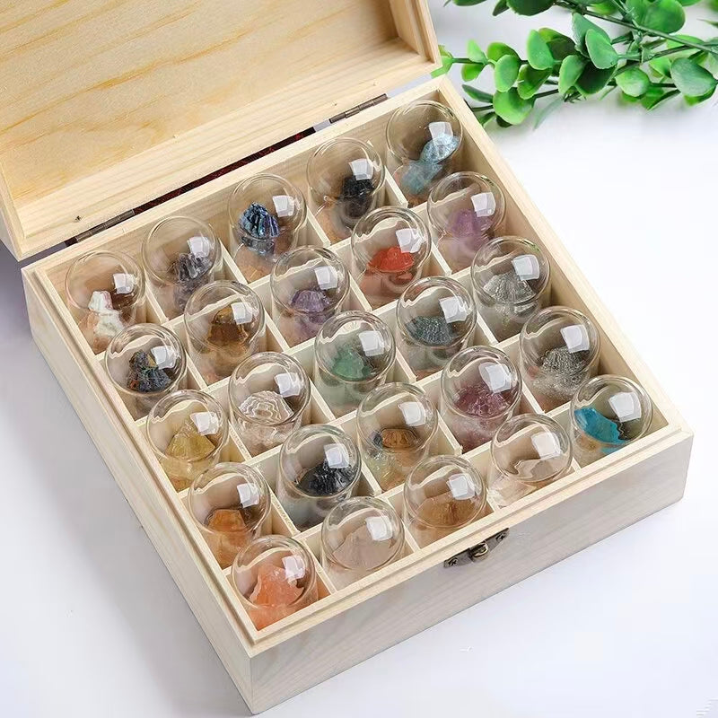 Crystal Specimen Set – 25 Natural Raw Stones in Glass Domes | Educational & Healing Minerals Collection