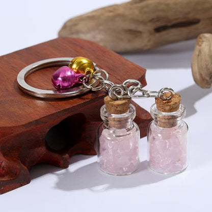 Crystal Healing Bottle Keychain with Bells – Natural Fluorite Chips in Glass Jar
