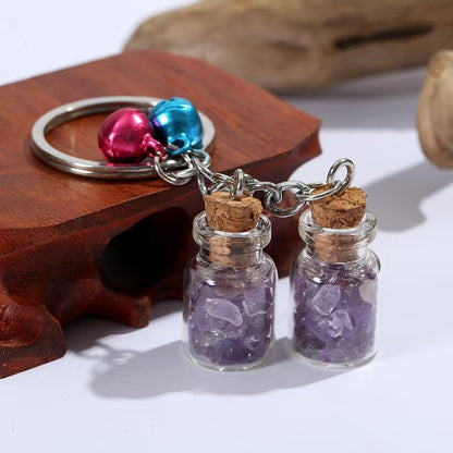 Crystal Healing Bottle Keychain with Bells – Natural Fluorite Chips in Glass Jar