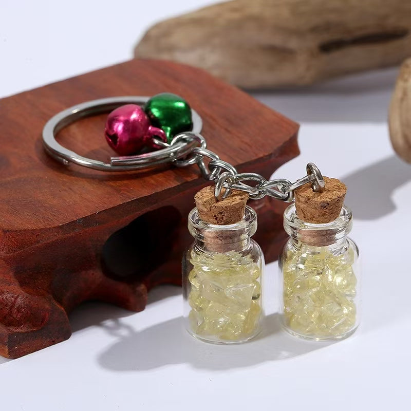Crystal Healing Bottle Keychain with Bells – Natural Fluorite Chips in Glass Jar