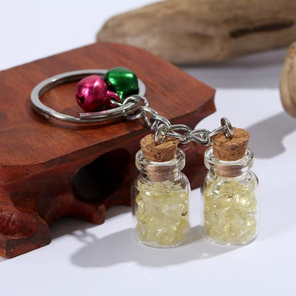 Crystal Healing Bottle Keychain with Bells – Natural Fluorite Chips in Glass Jar