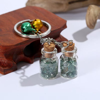 Crystal Healing Bottle Keychain with Bells – Natural Fluorite Chips in Glass Jar