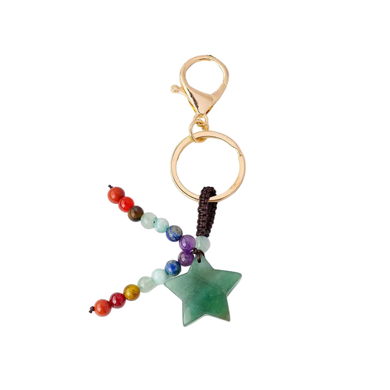 Keychain with star-shaped pendant and colorful beads on a magazine background