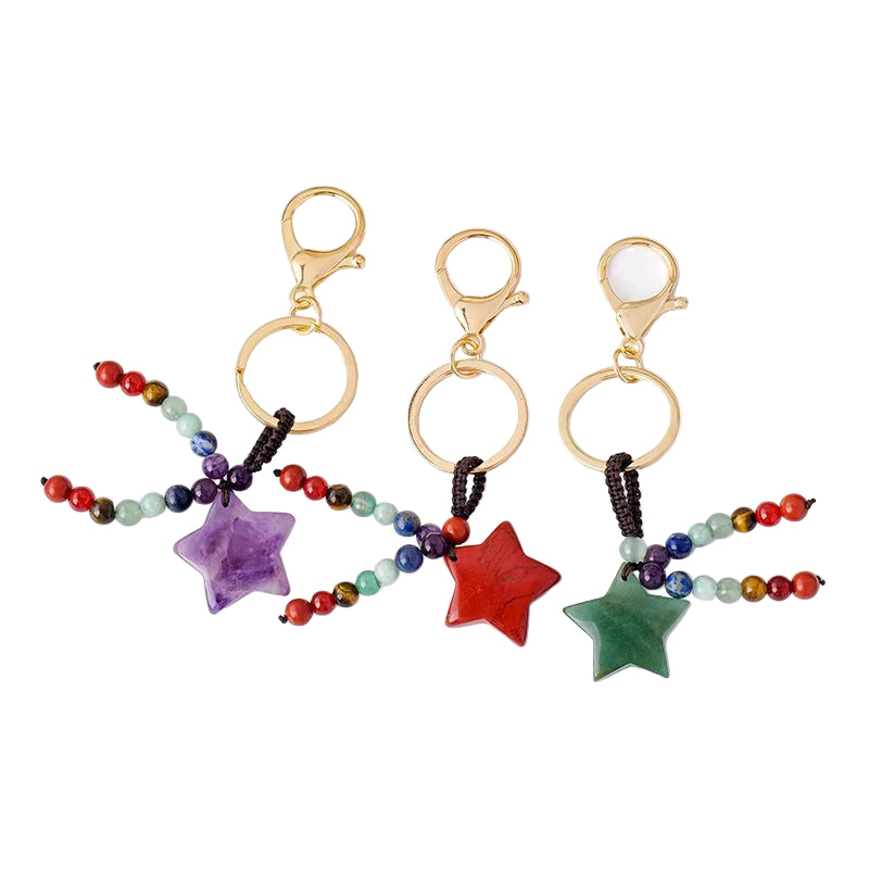 Healing Crystal Star Keychain – 7 Chakra Energy Charm with Natural Stone Beads