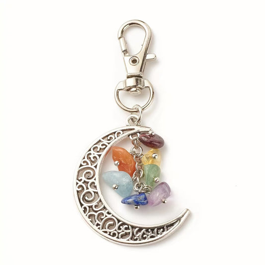 Crystal Healing Moon Keychain – Seven Chakra Gemstone Chips for Energy Balance & Protection