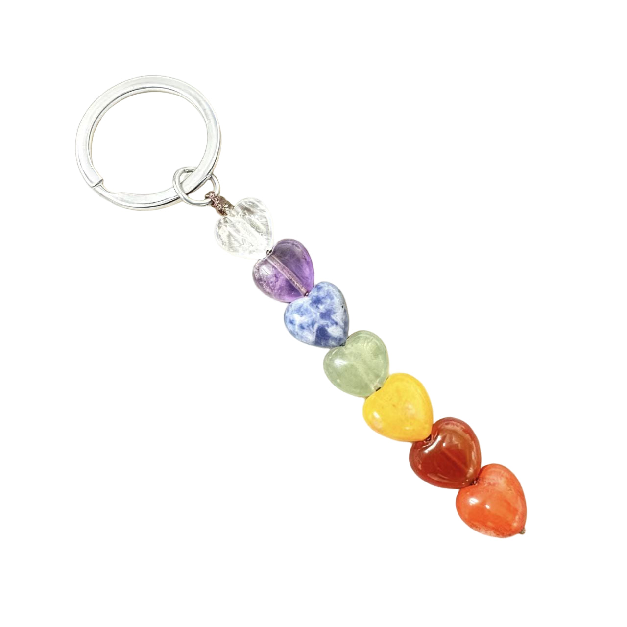 Keychain with heart-shaped colorful beads on a white background