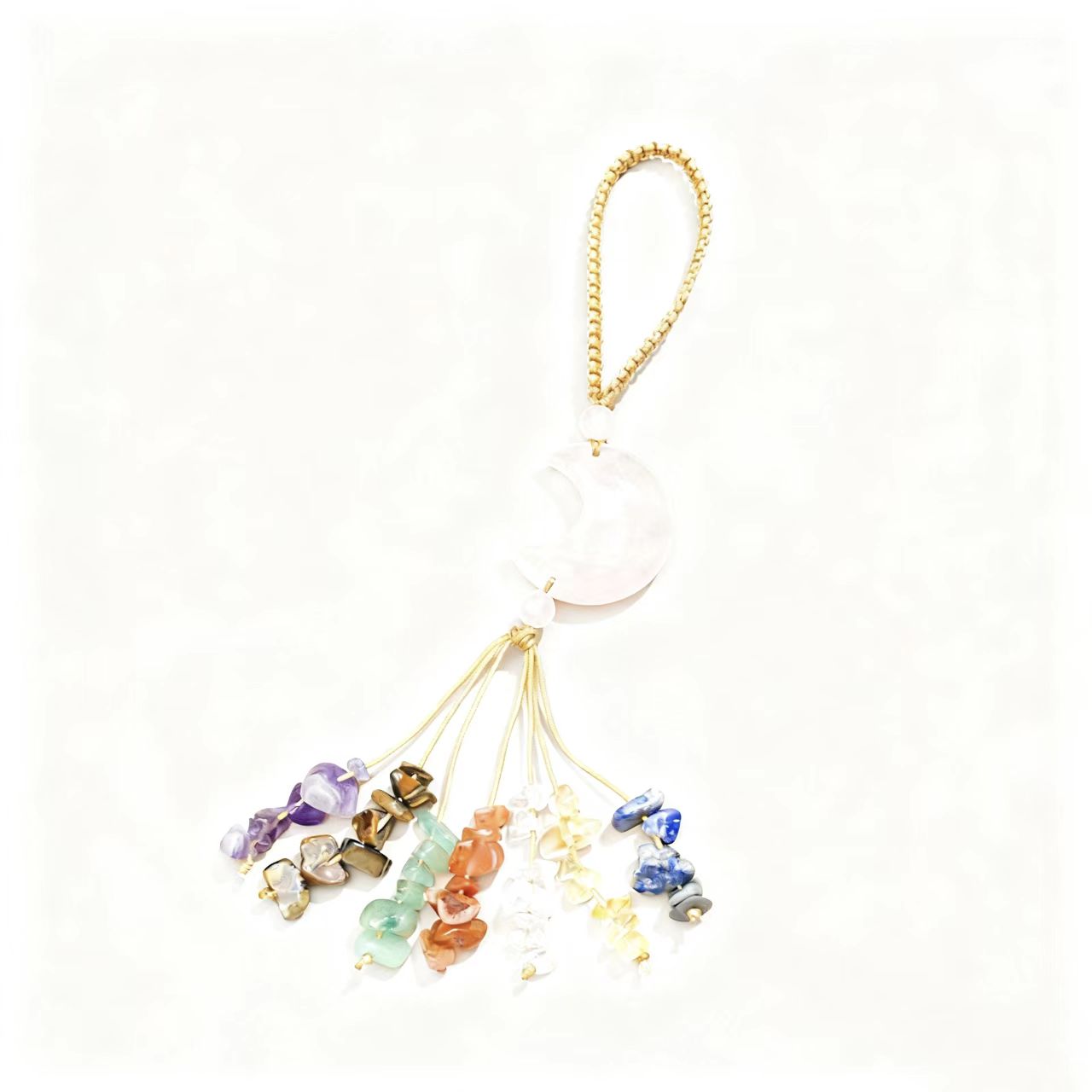 Crystal Moon Charm with Healing Gem Chips – Chakra Energy Hanging Decoration for Car, Bag, or Home