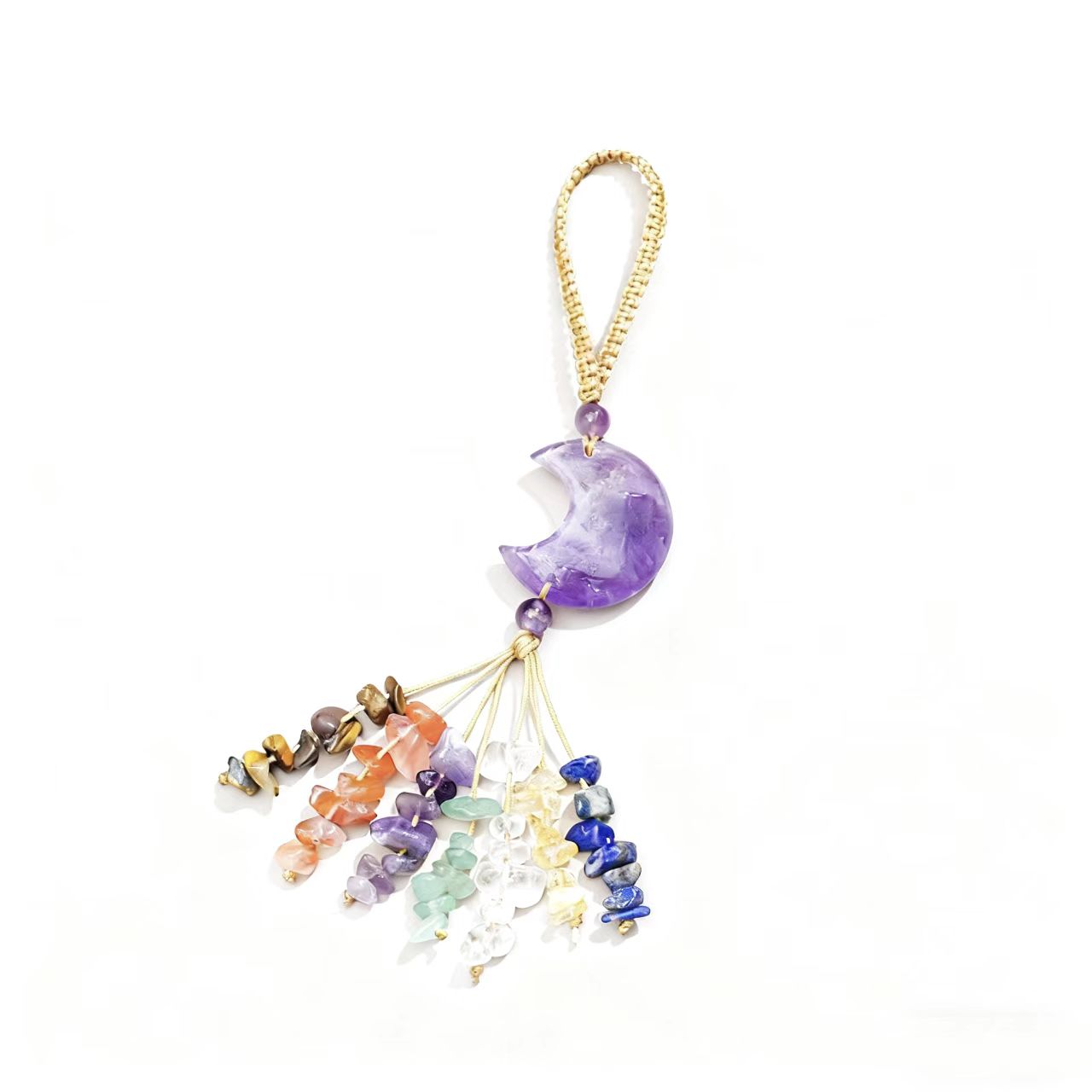 Crystal Moon Charm with Healing Gem Chips – Chakra Energy Hanging Decoration for Car, Bag, or Home